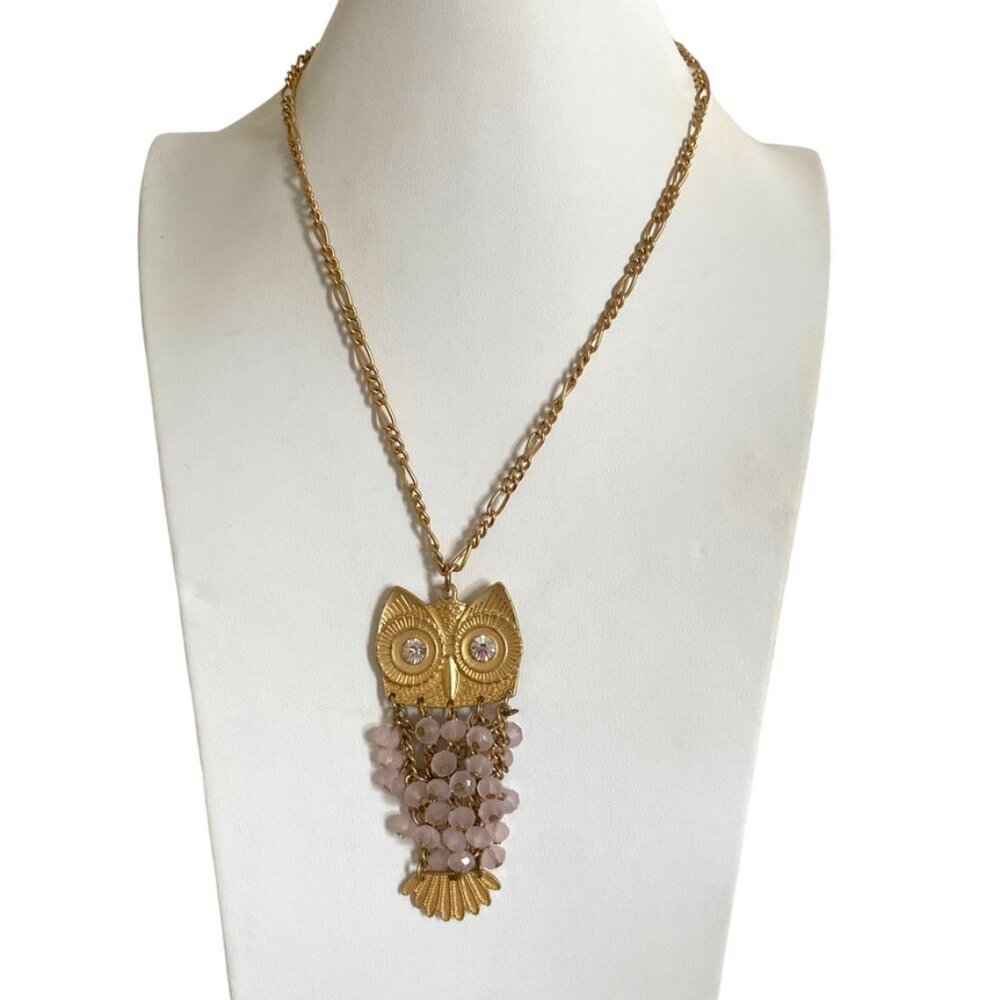 Gold Tone Owl Pendant Large Chain Necklace statement Pink beads